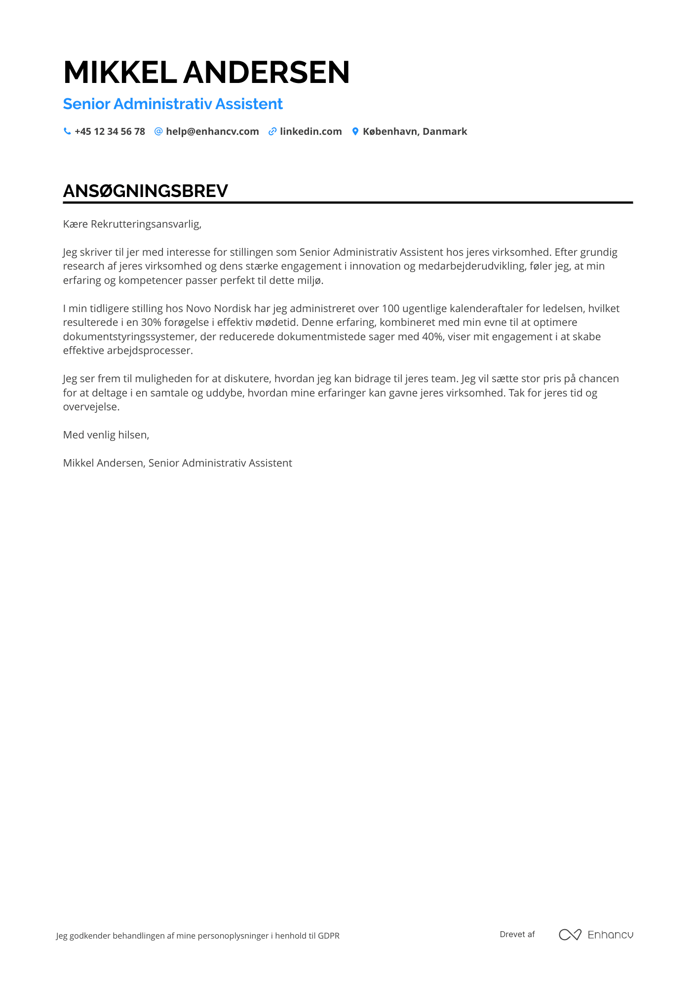 Ansøgningsbrev til Senior administrativ assistent Resume Example