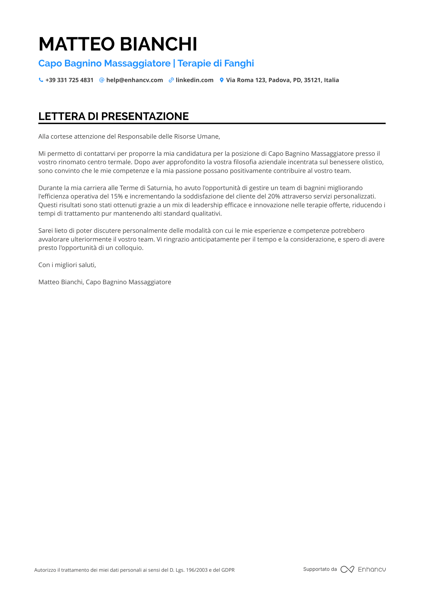 Bagnino di Centro Benessere Resume Example
