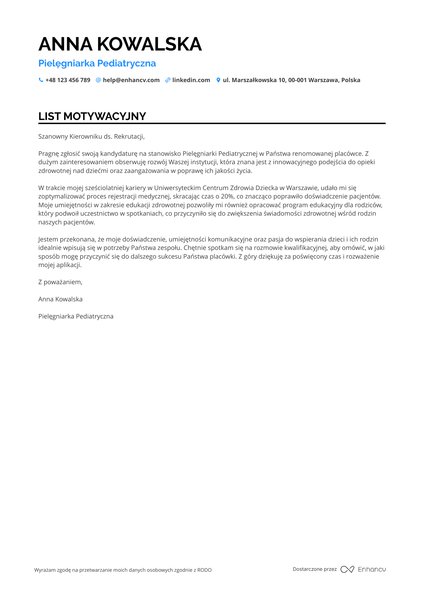 List motywacyjny dla Pielęgniarka Pediatryczna Resume Example