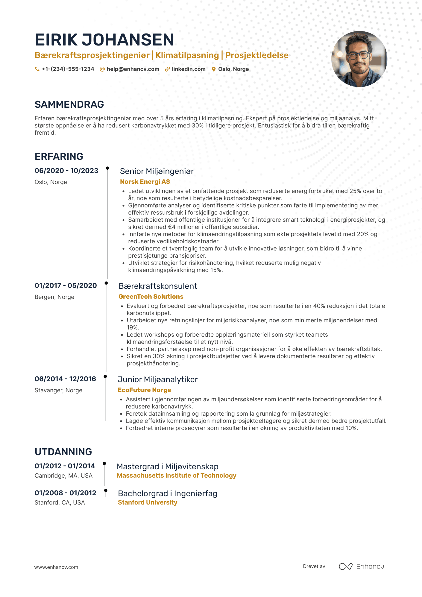 CV for Bærekraftsprosjektingeniør med Fokus på Klimatilpasning Resume Example