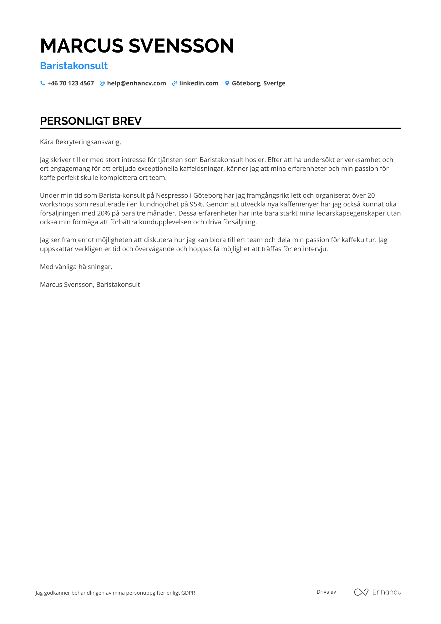 Personligt brev för Barista Consultant Resume Example