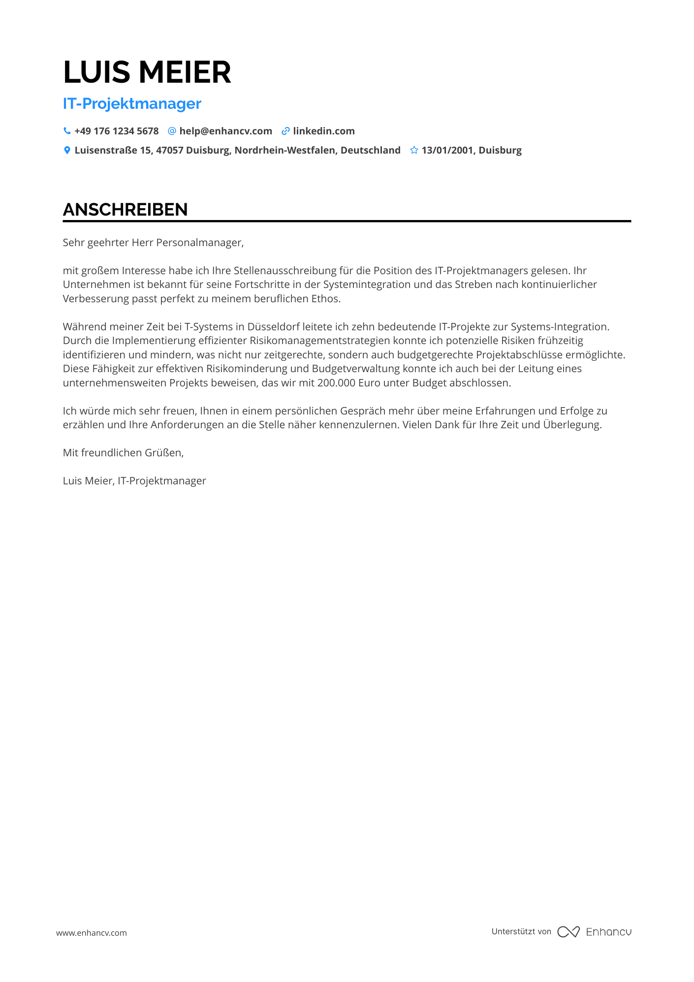Projektmanager für IT Systeme Resume Example