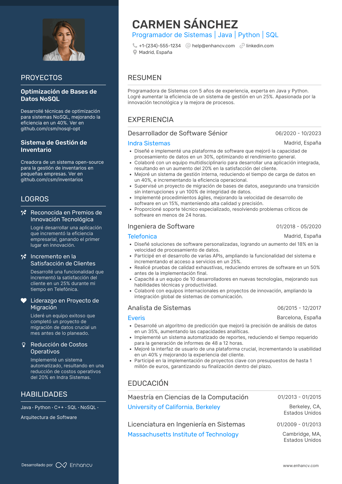 Currículum programador de Sistemas Resume Example