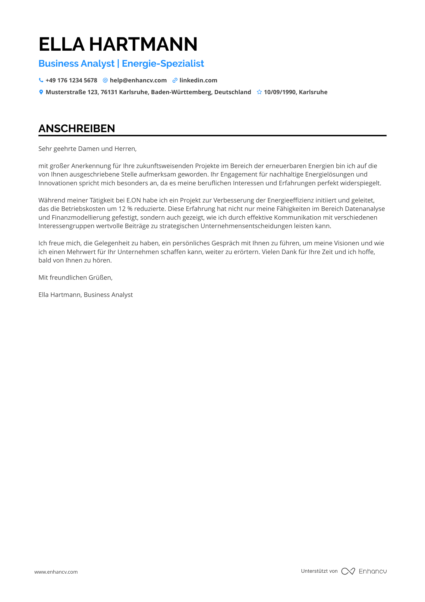 Business Analyst für Energie Resume Example