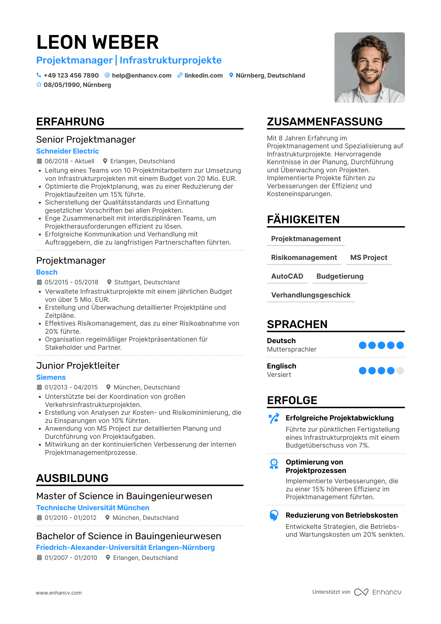 Lebenslauf als Projektmanager für Infrastrukturprojekte Resume Example