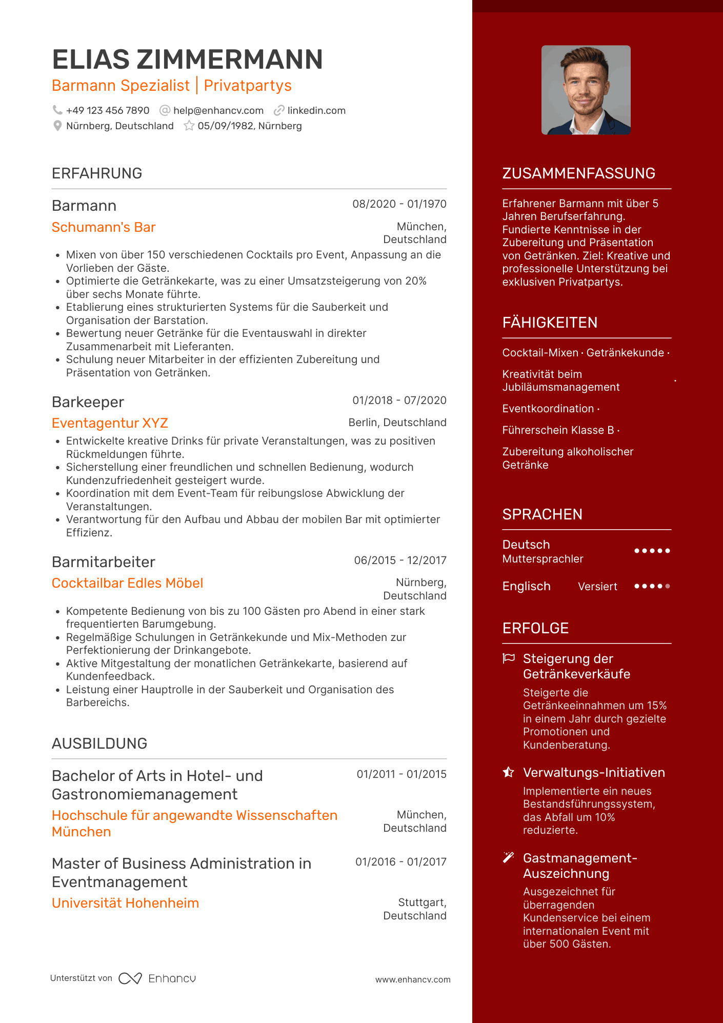 Lebenslauf als Barmann für Privatpartys Resume Example