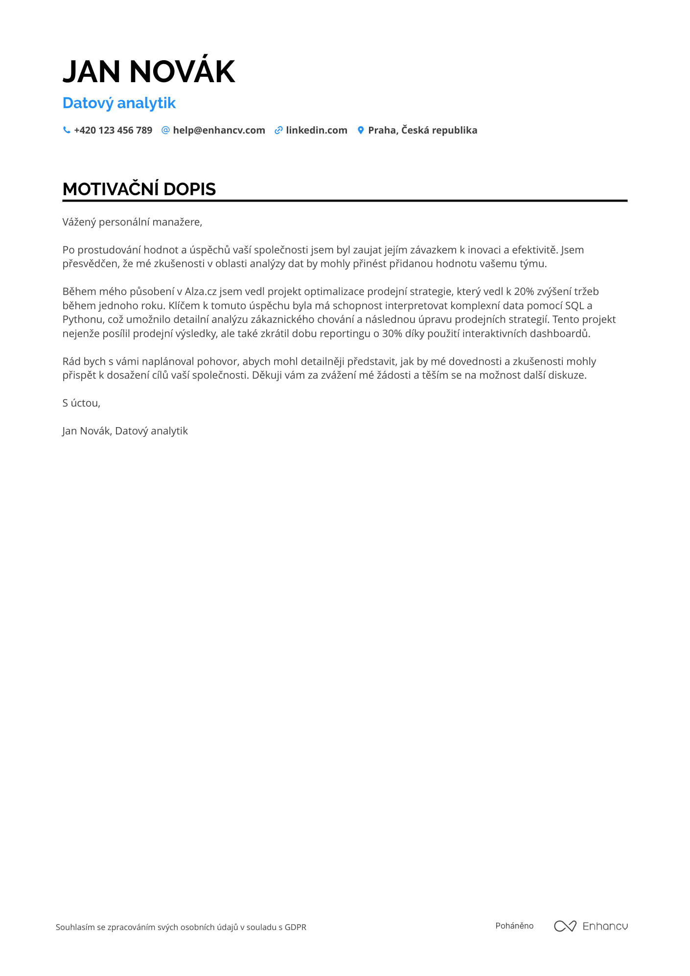 Motivační dopis pro Analytik dat v retailu Resume Example
