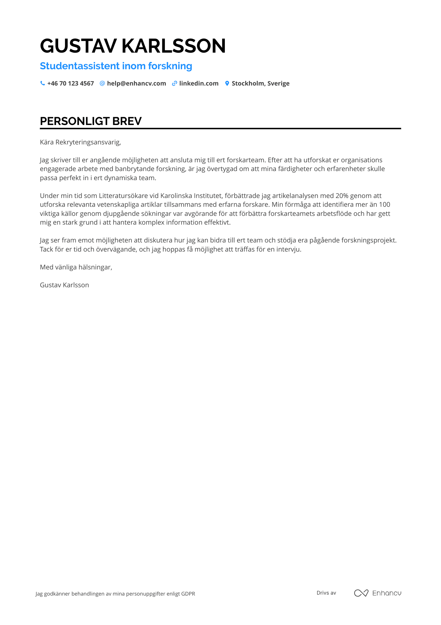 Personligt brev för Student Research Assistant Resume Example