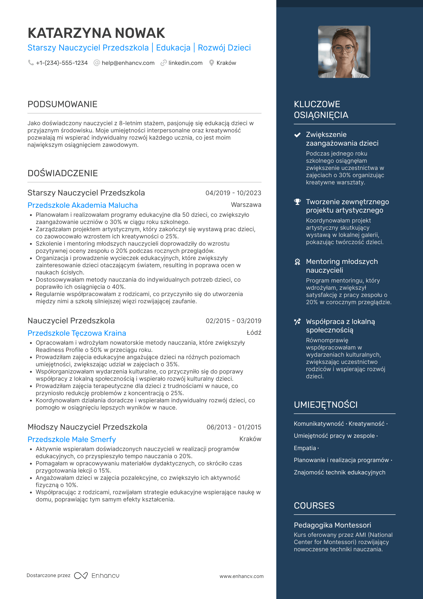 CV dla Starszy Nauczyciel Przedszkola Resume Example