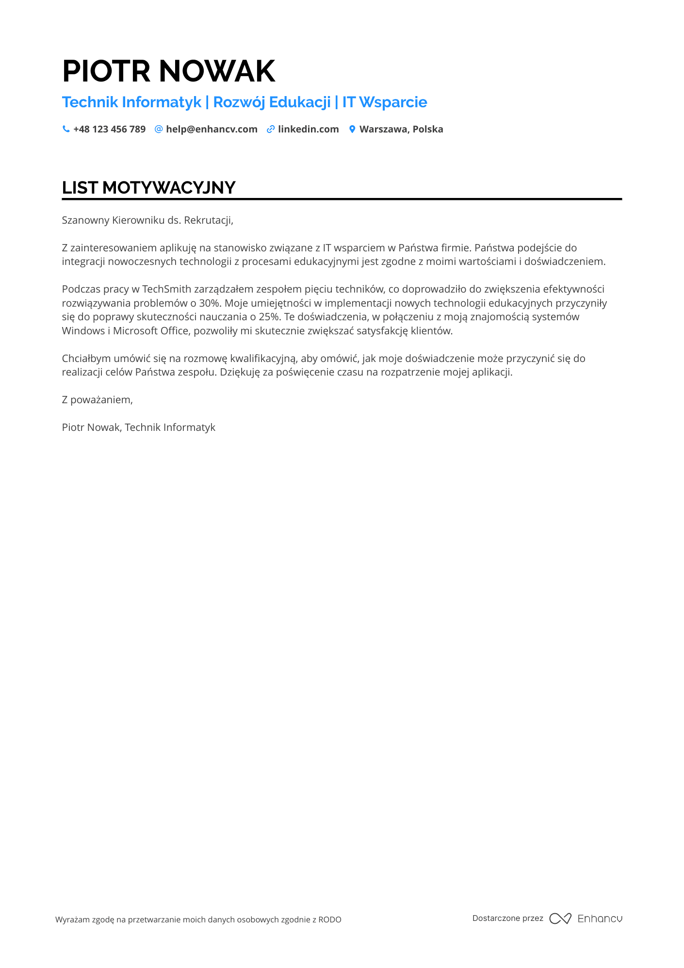 List motywacyjny dla Technik Informatyk Edukacji Resume Example