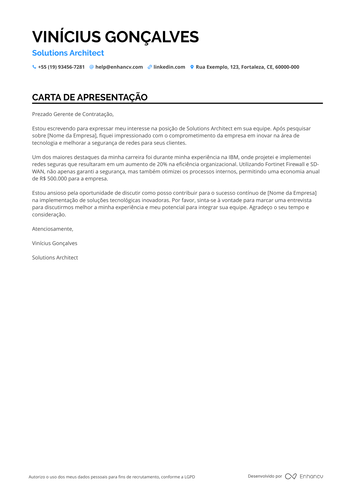 Arquiteto de Redes Resume Example
