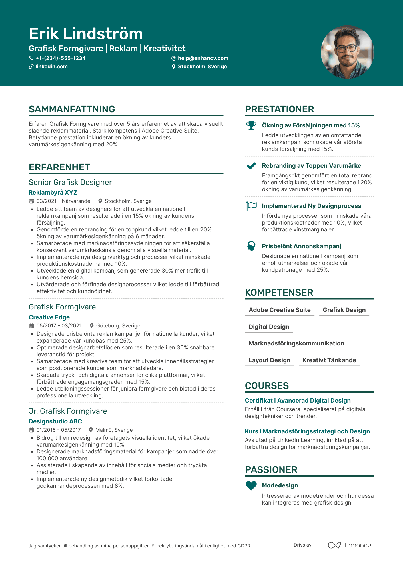 CV för Grafisk Formgivare inom Reklam Resume Example