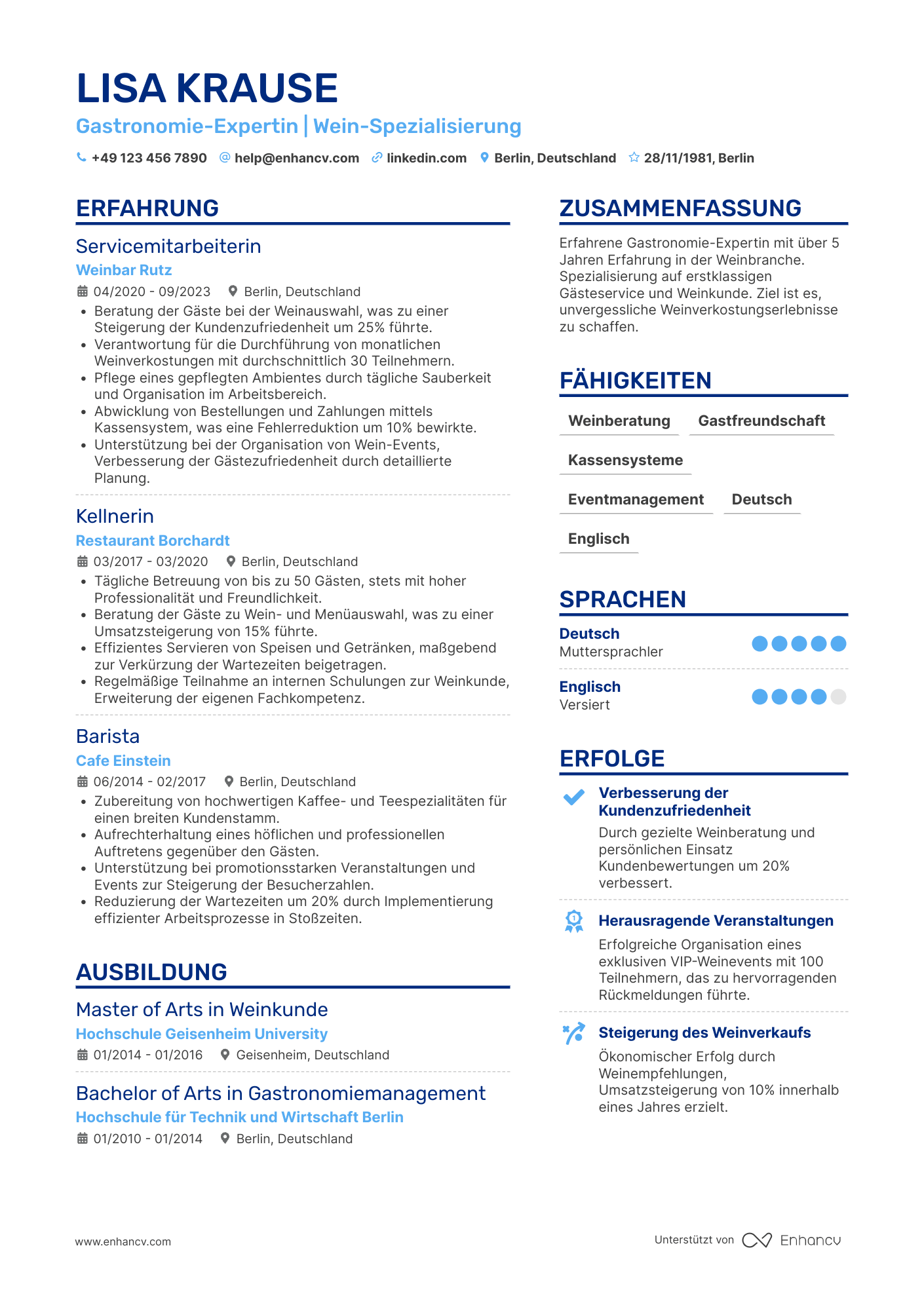 Lebenslauf als Kellner für Weinbar Resume Example