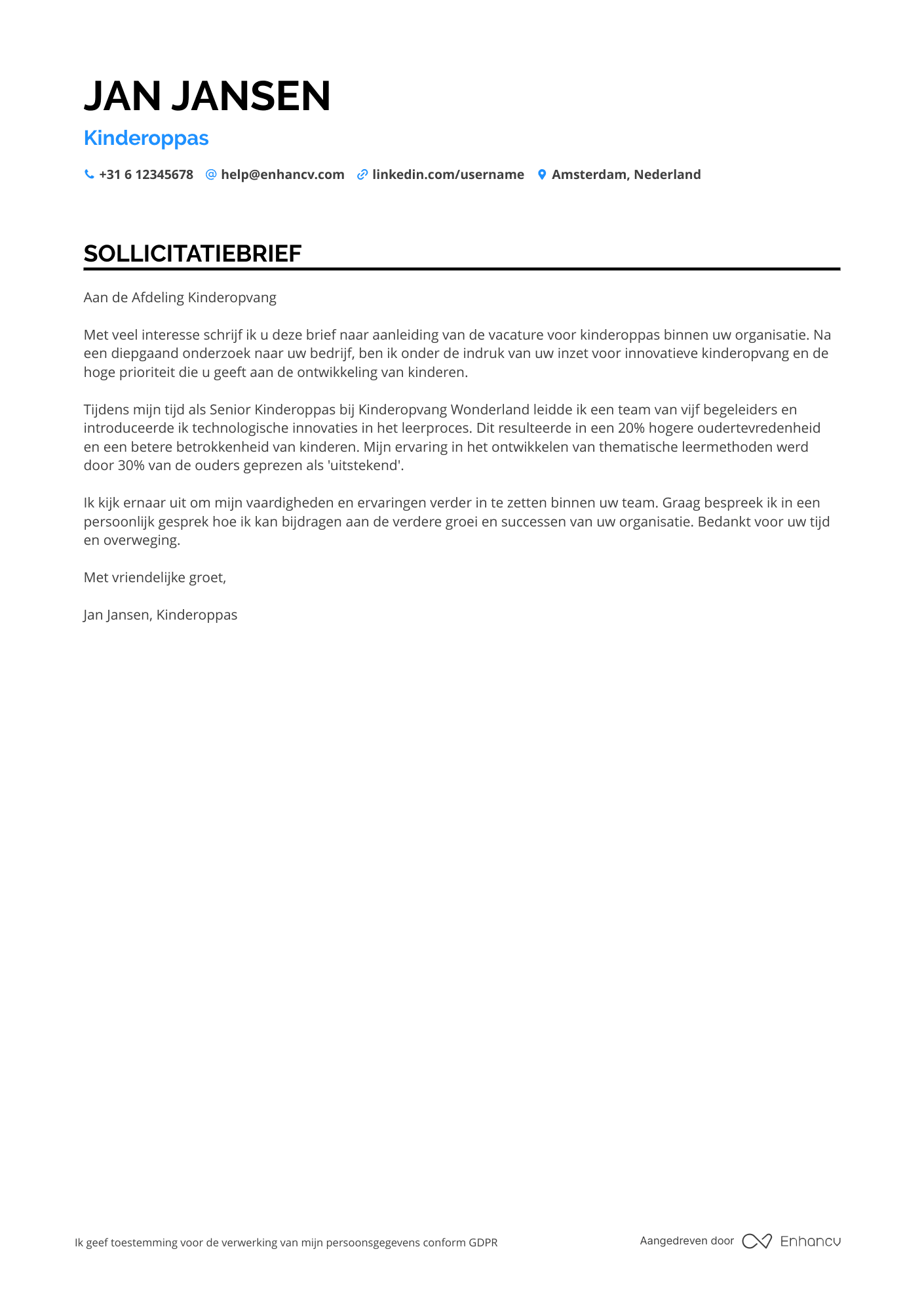 Sollicitatiebrief voor Oppas voor Kinderdagverblijf Resume Example