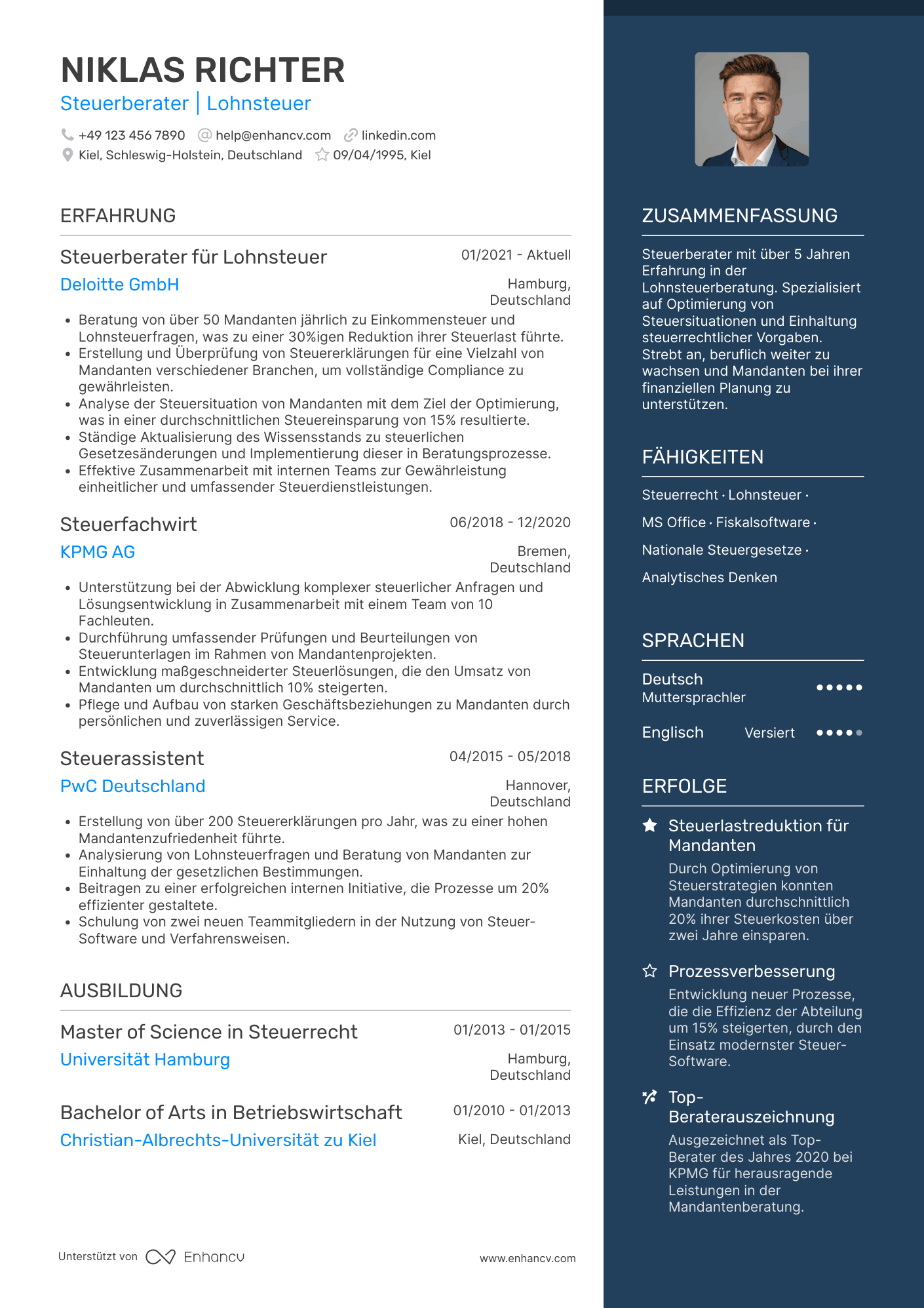 Lebenslauf als Steuerberater für Lohnsteuer Resume Example
