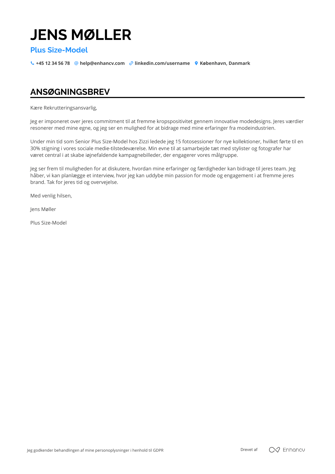 Ansøgningsbrev til Plus size model Resume Example