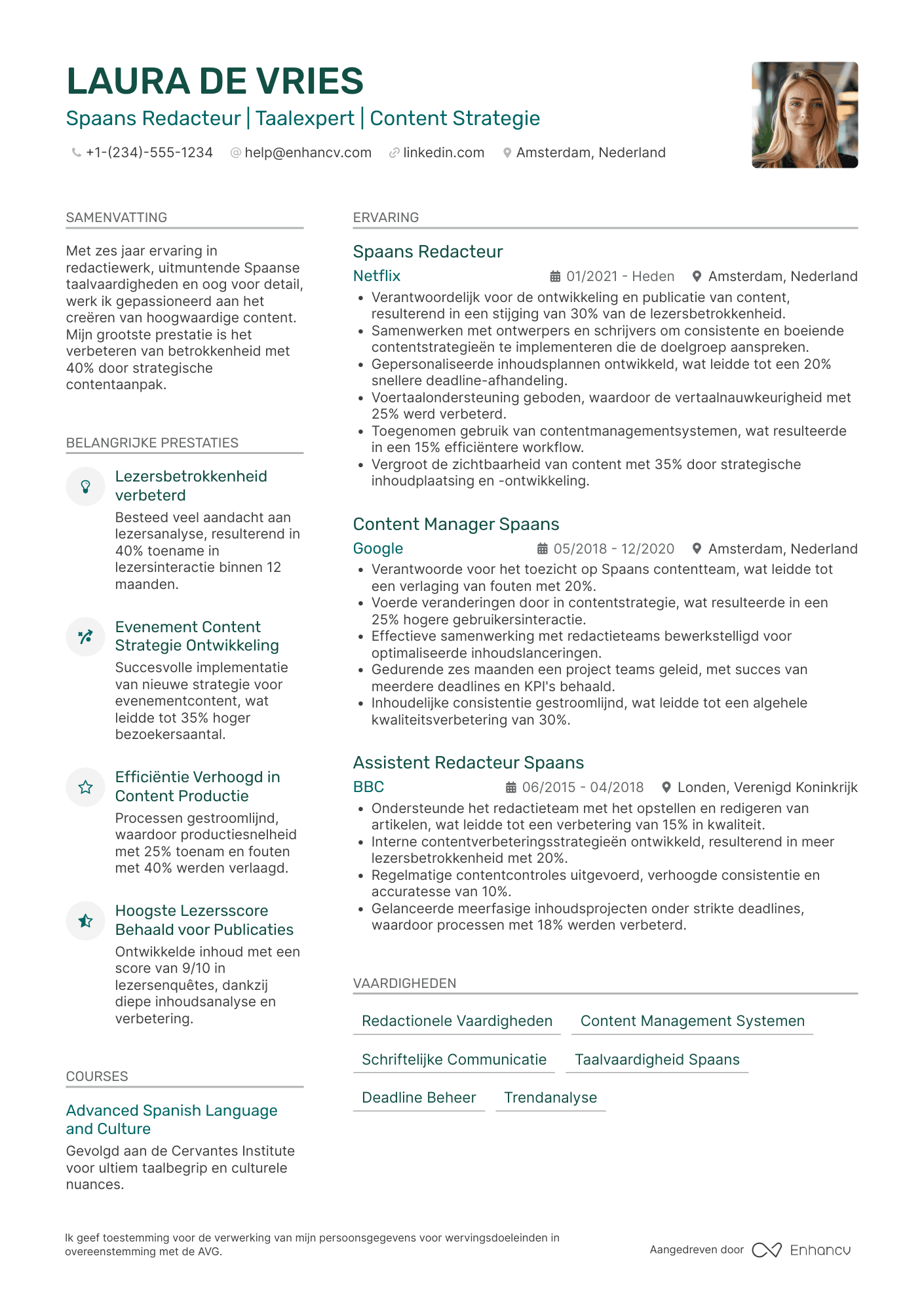 CV voor Spaans Redacteur Resume Example