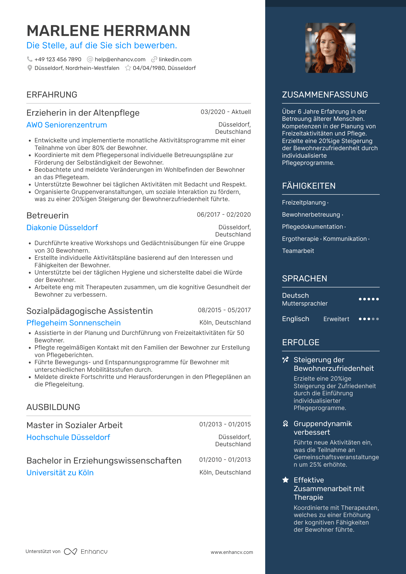 Lebenslauf als Erzieherin in der Altenpflege Resume Example
