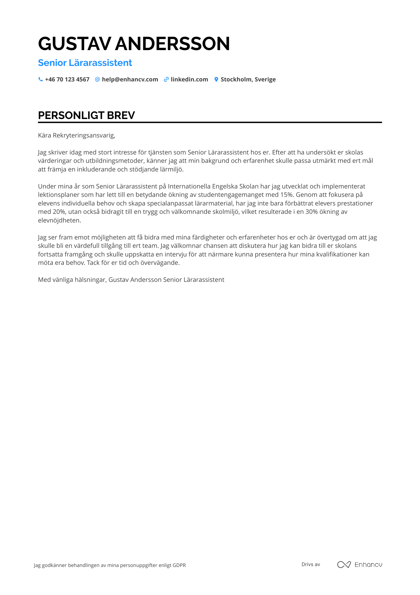 Personligt brev för Senior Lärarassistent Resume Example