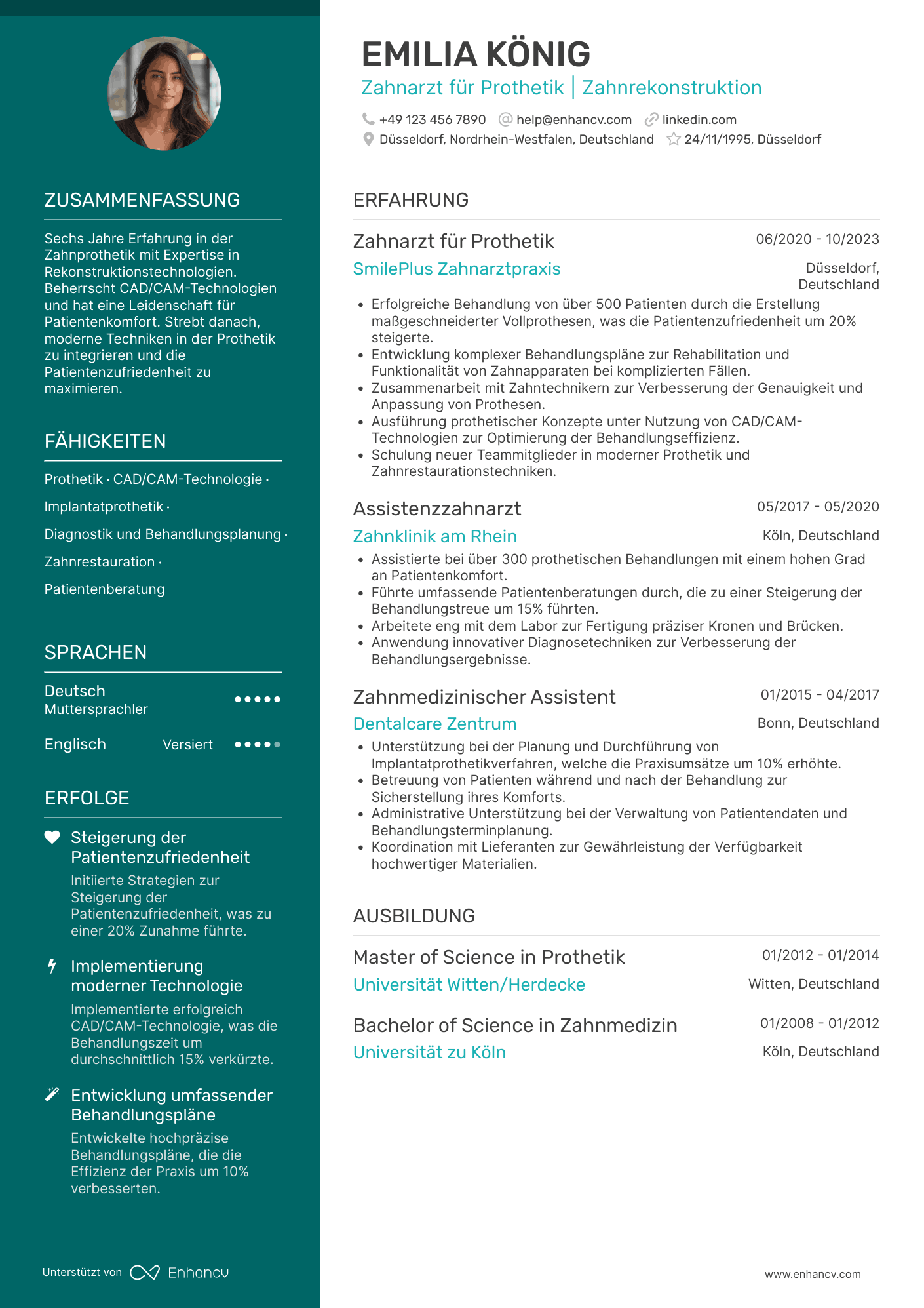 Lebenslauf als Zahnarzt für Prothetik Resume Example
