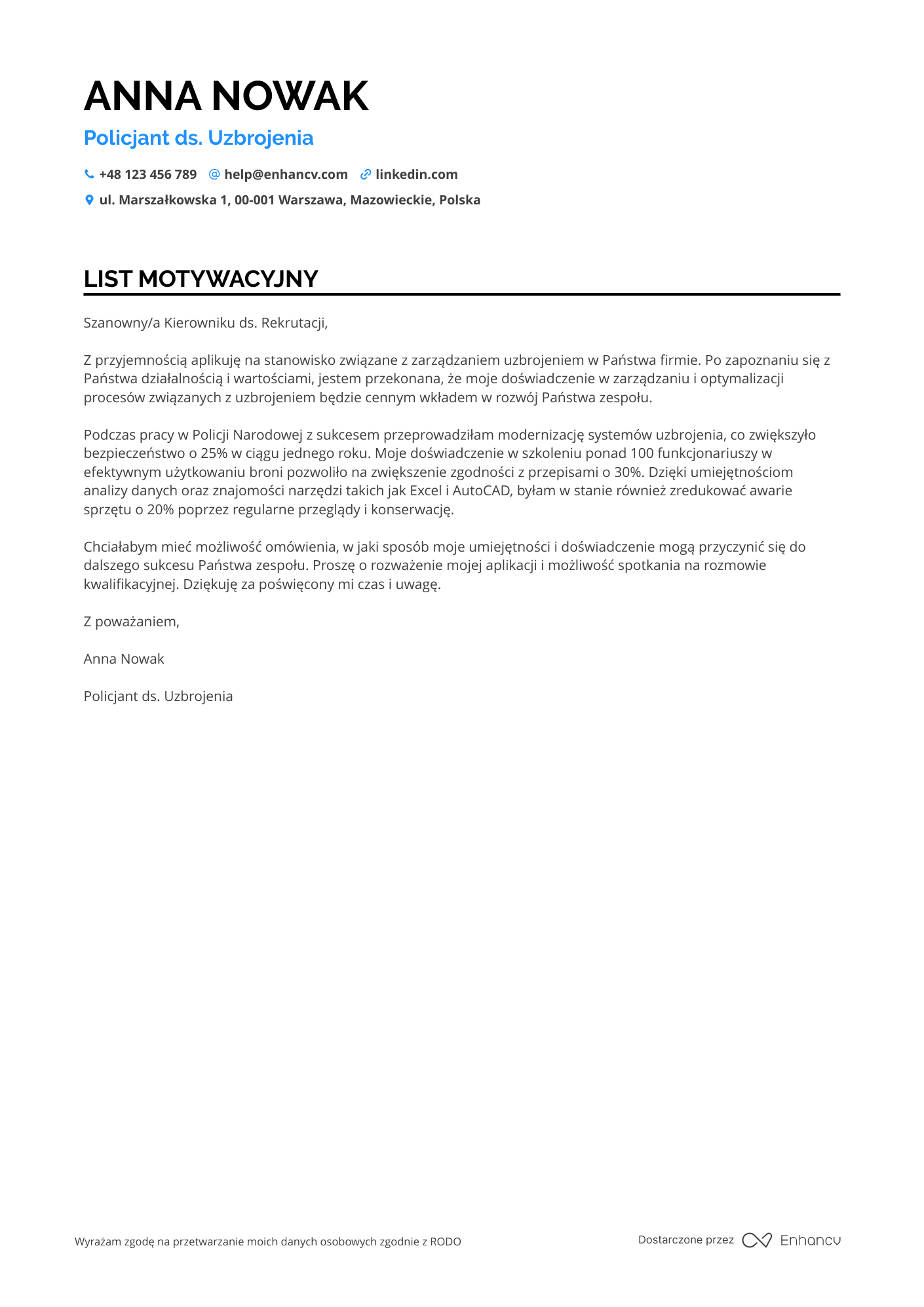 List motywacyjny dla Policjant ds. Uzbrojenia Resume Example