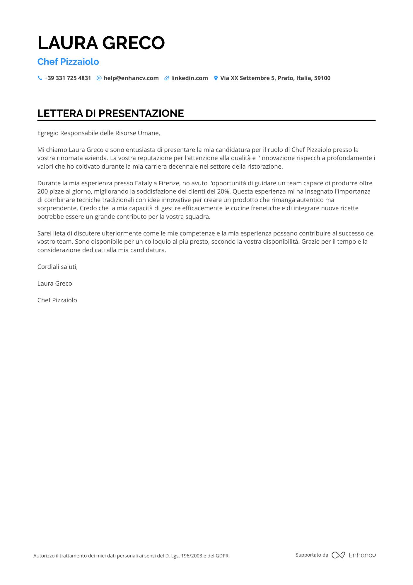 Pizzaiolo Senior Resume Example