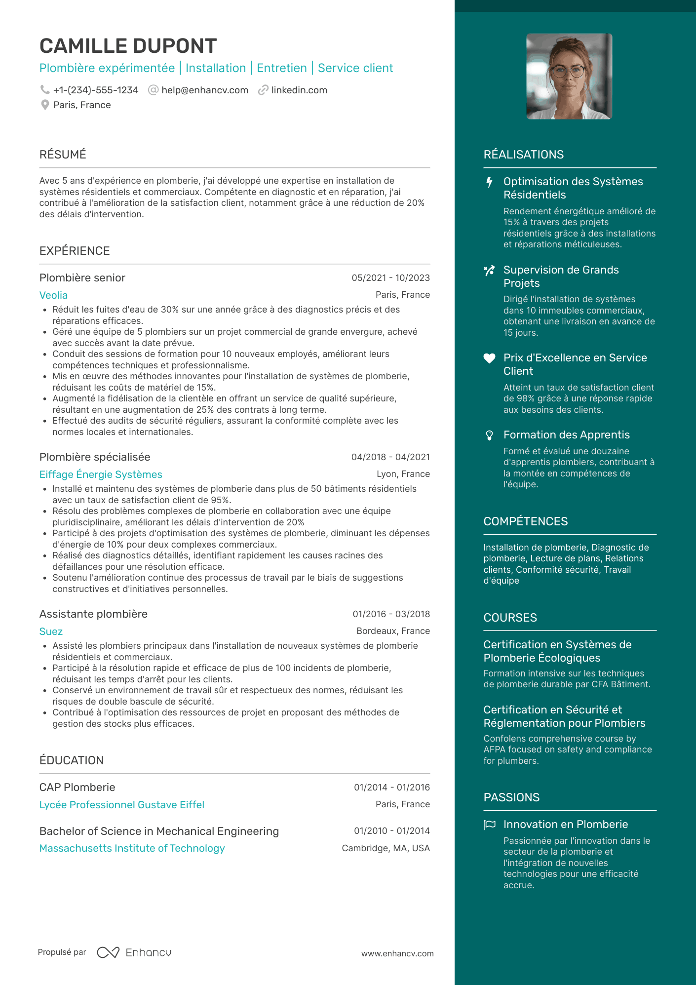 Exemple de CV de plombier avec CAP plomberie Resume Example