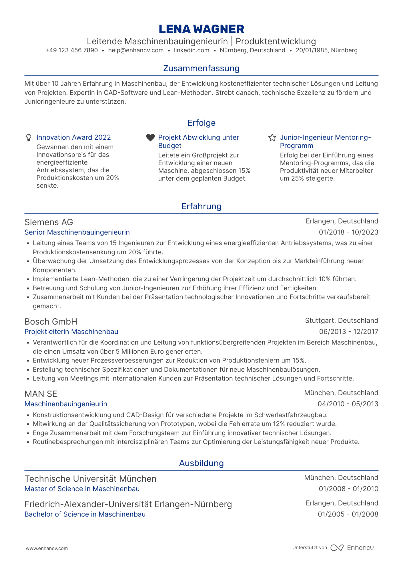 Lebenslauf als Leitender Maschinenbauingenieur Resume Example