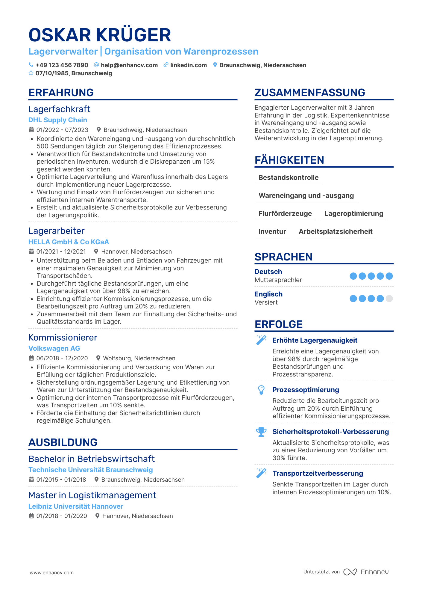 Lebenslauf als Lagerist ohne Berufserfahrung Resume Example
