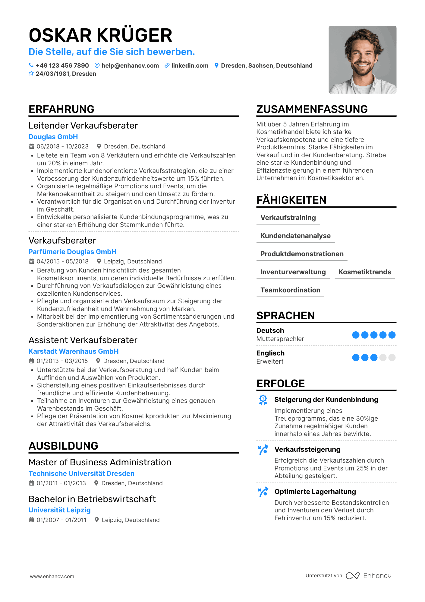 Lebenslauf als Verkäuferin für Kosmetikprodukte Resume Example