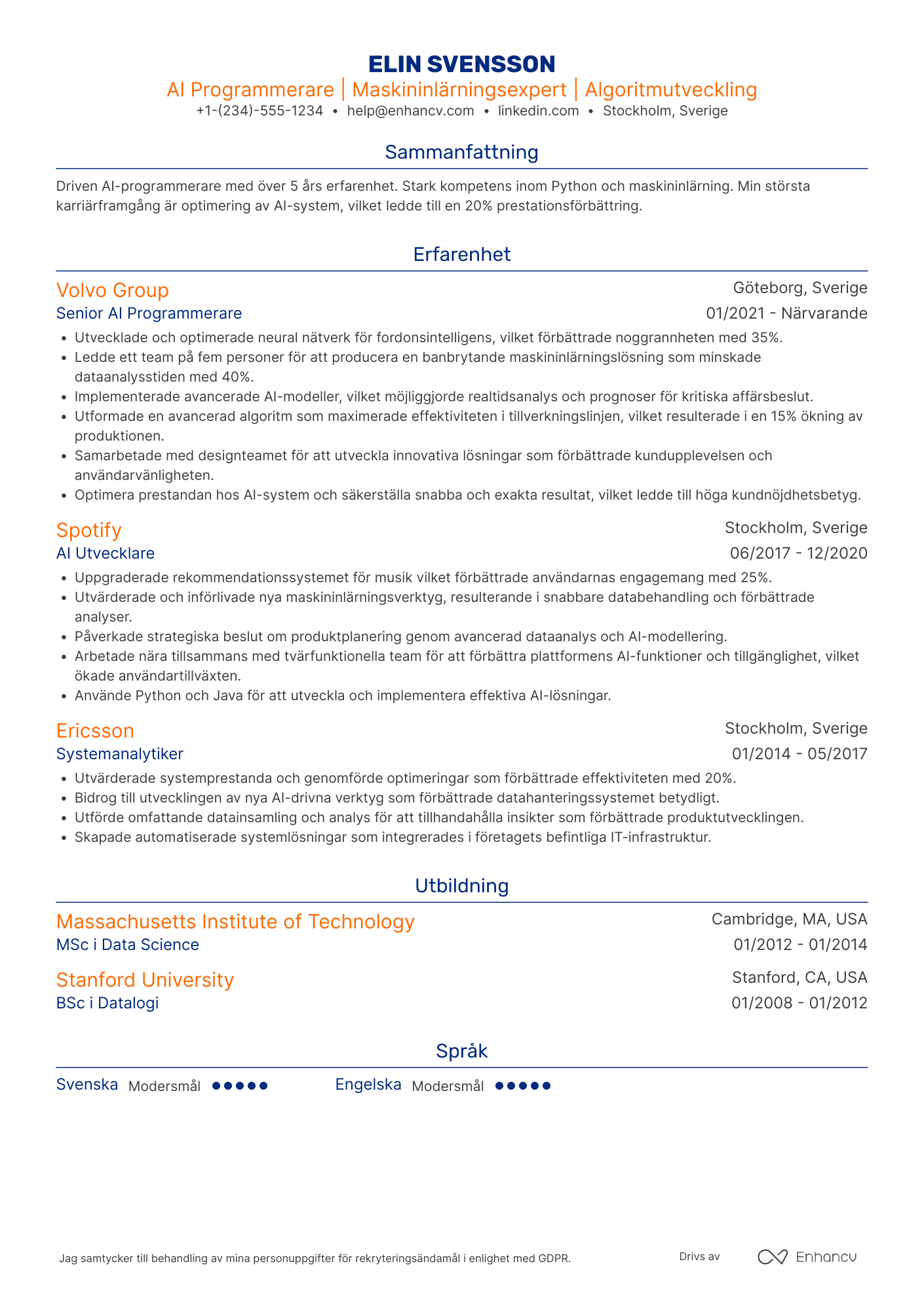 CV för AI Programmerare Resume Example