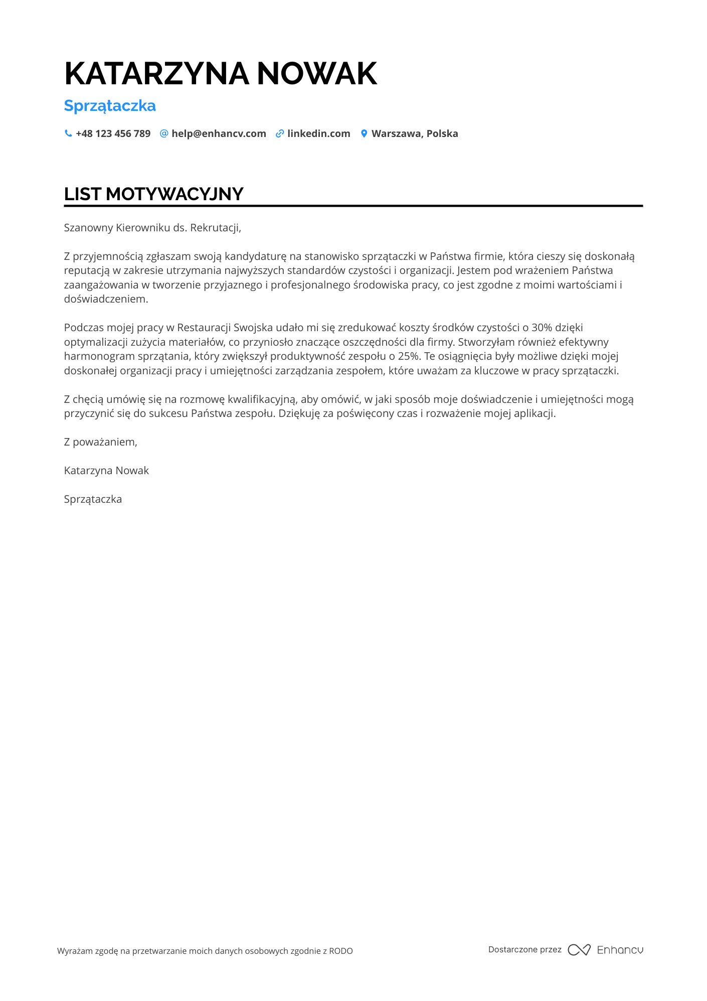 List motywacyjny dla Sprzątaczka w restauracji Resume Example