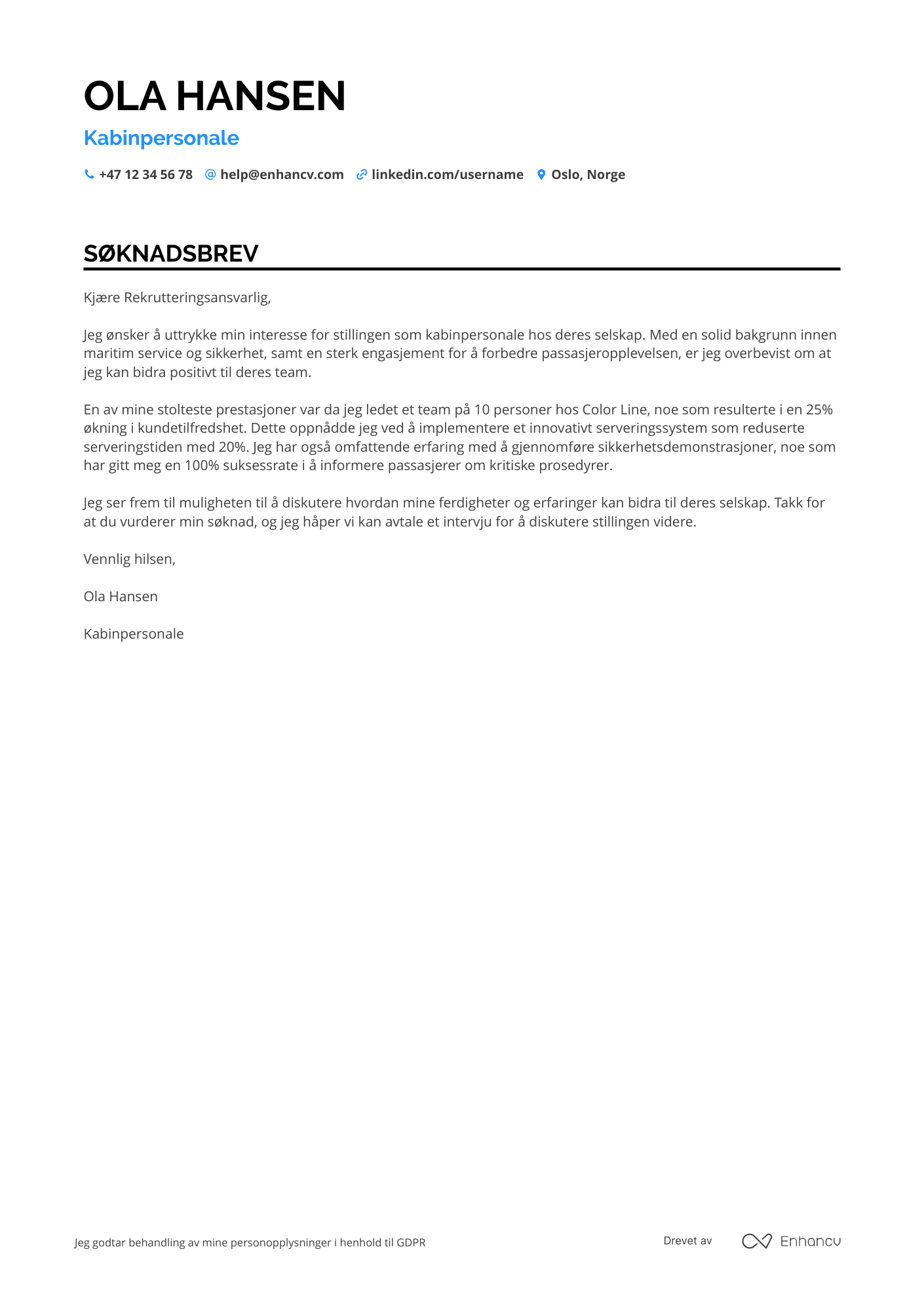 Søknadsbrev for Maritime Kabinpersonale Resume Example