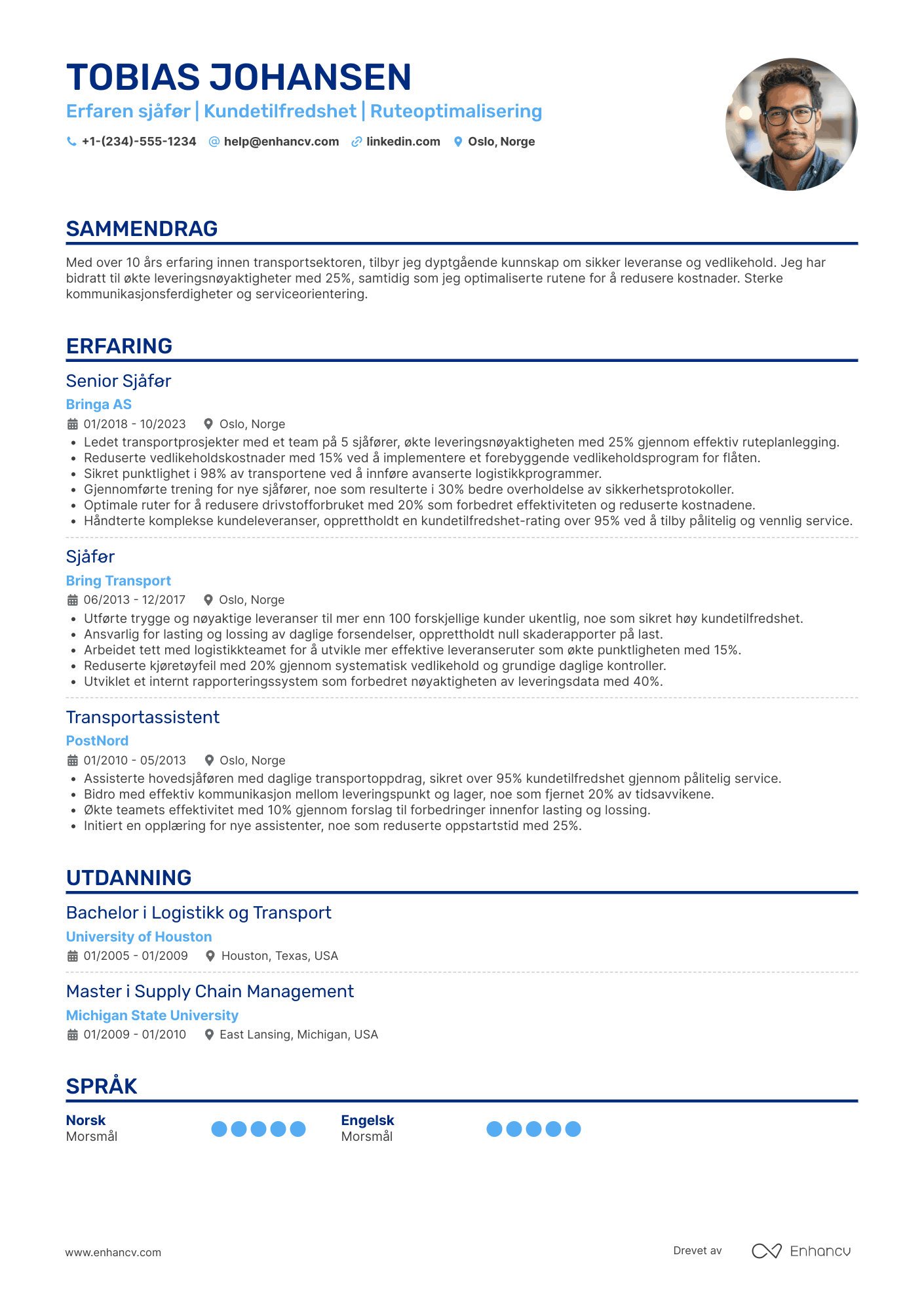 CV for Erfaren sjåfør Resume Example