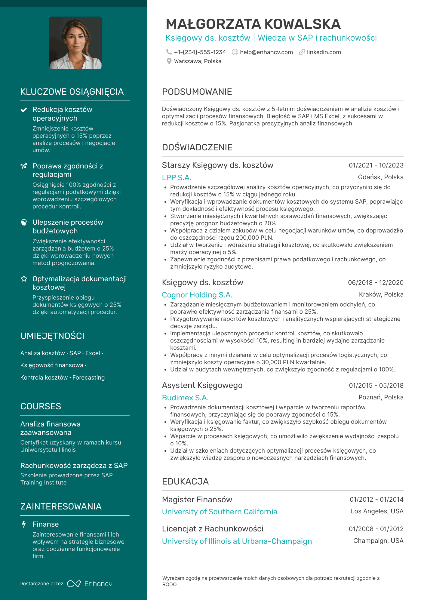 CV dla Księgowy ds. kosztów Resume Example