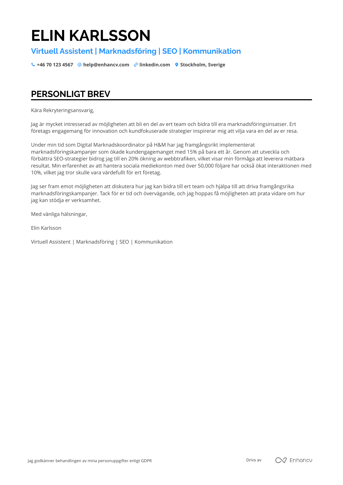 Personligt brev för Virtuell Assistent Marknadsföring Resume Example