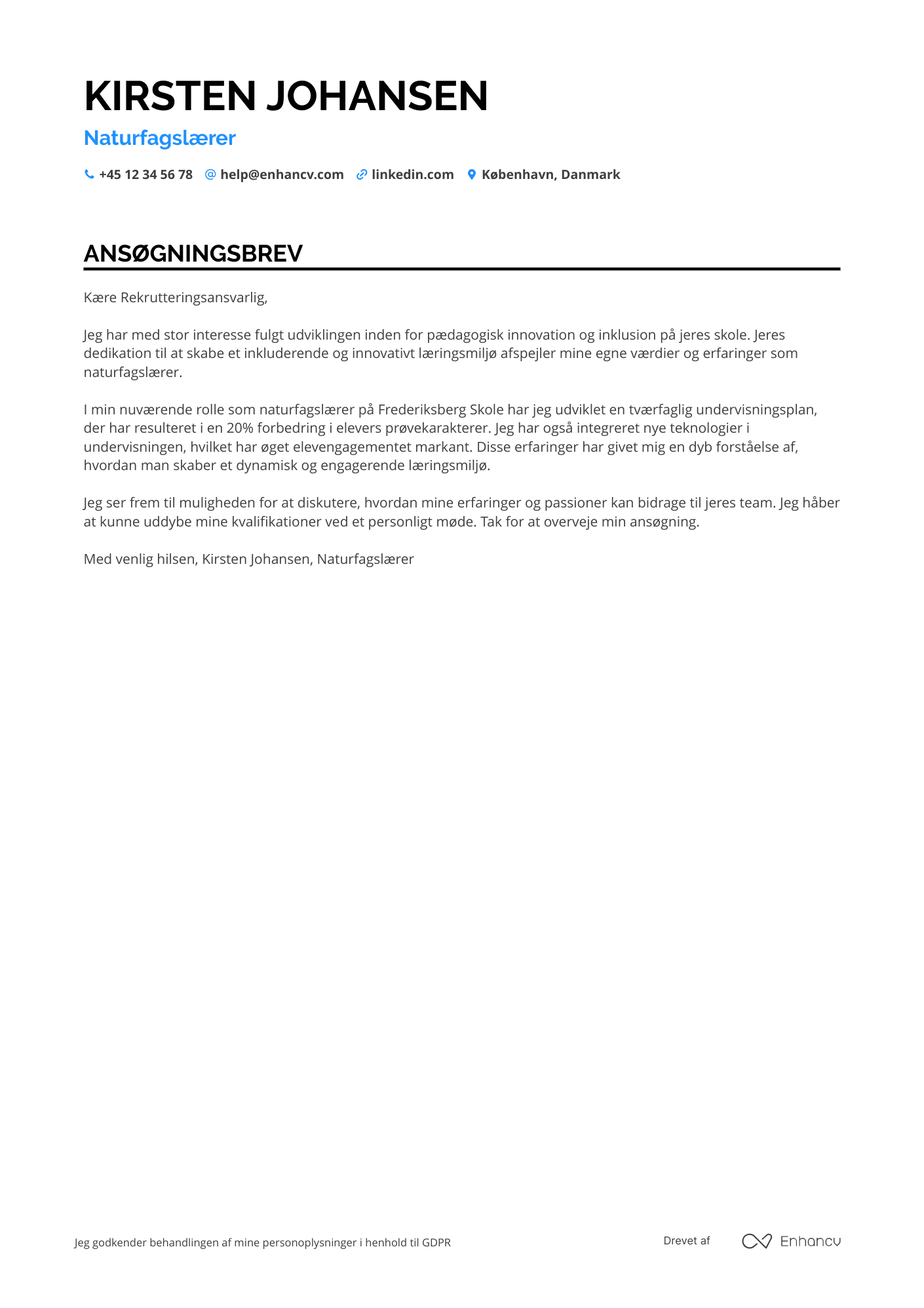 Ansøgningsbrev til Naturfagslærer Resume Example