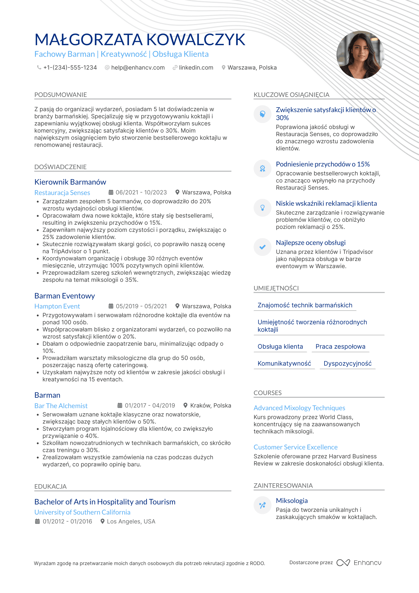 CV dla Barman Eventowy Resume Example