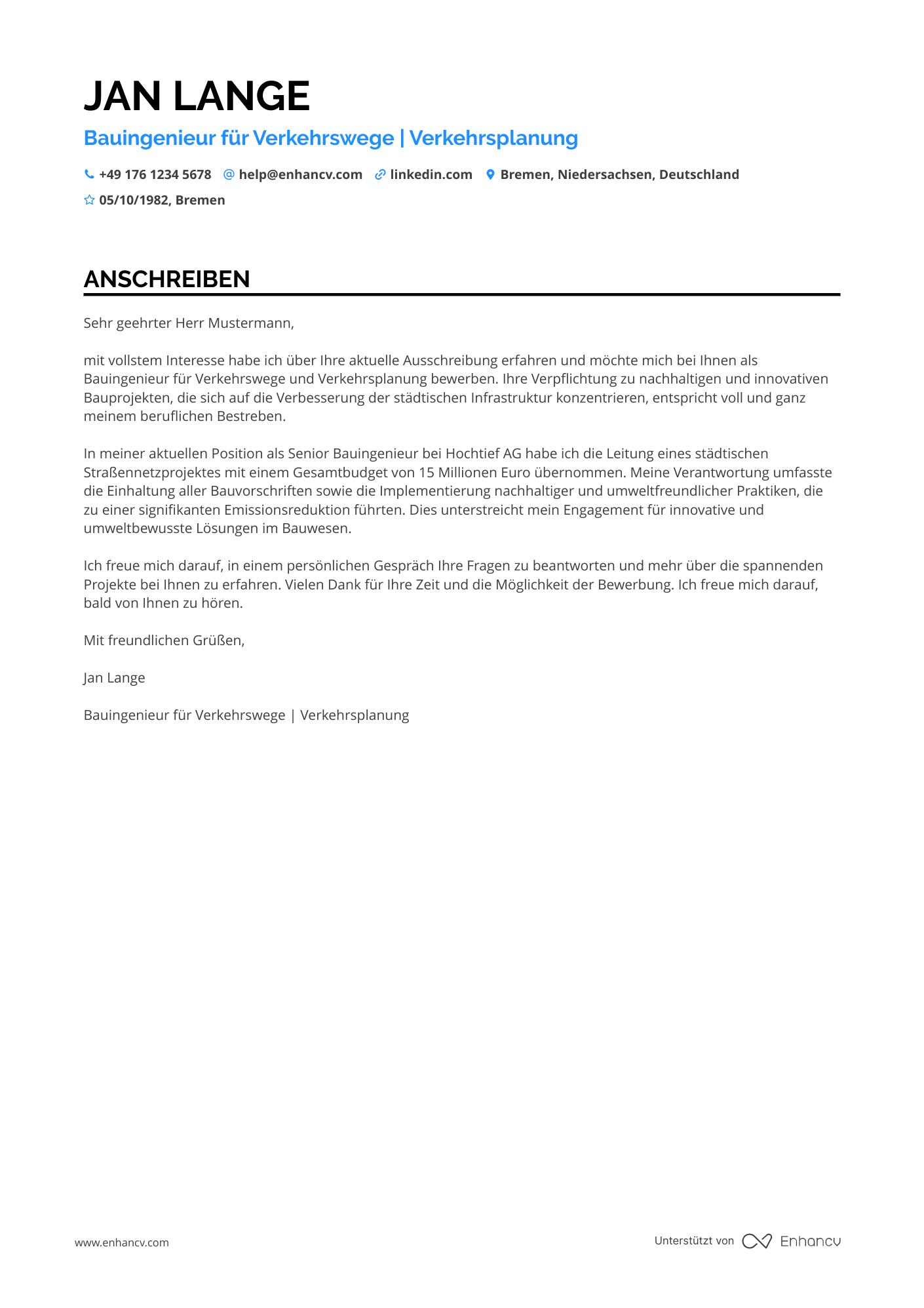 Bauingenieur für Verkehrswege Resume Example