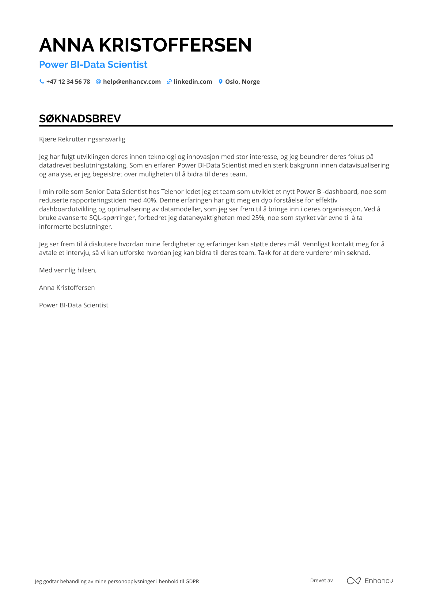 Søknadsbrev for Power BI Data Scientist Resume Example
