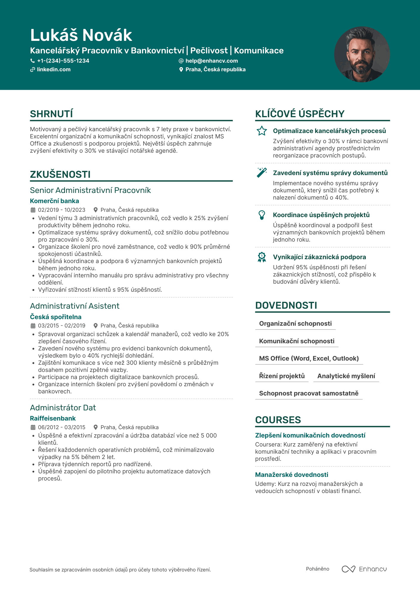 Životopis pro Kancelářský pracovník v bankovnictví Resume Example