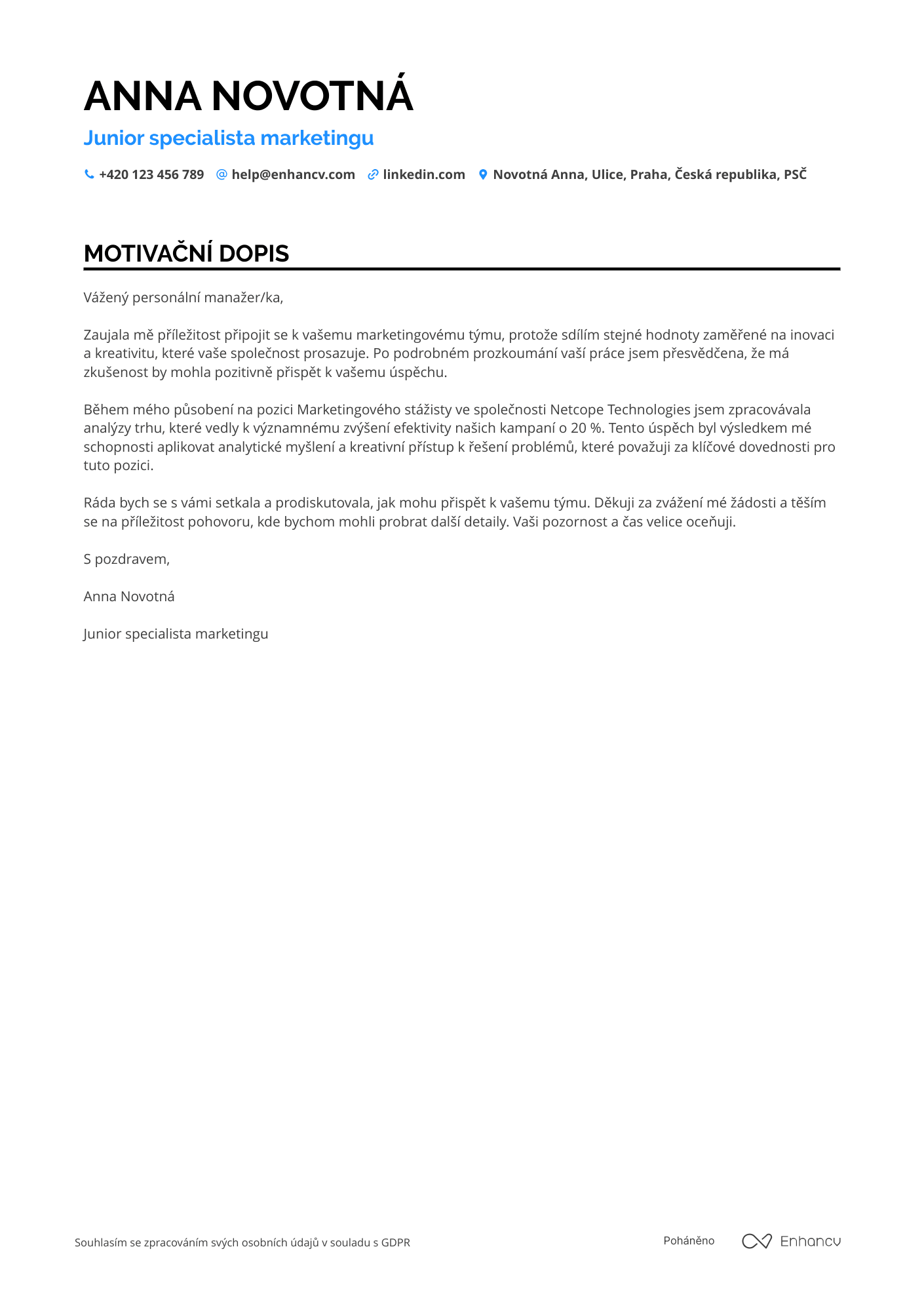 Motivační dopis pro Junior specialista marketingu Resume Example