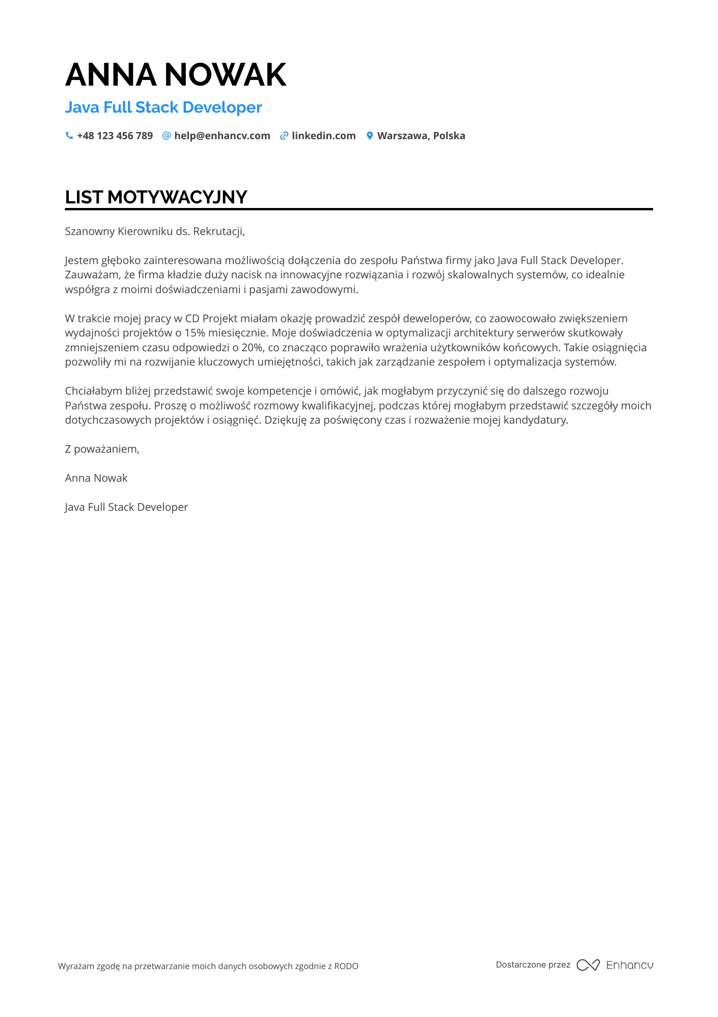 List motywacyjny dla Java Full Stack Developer Resume Example