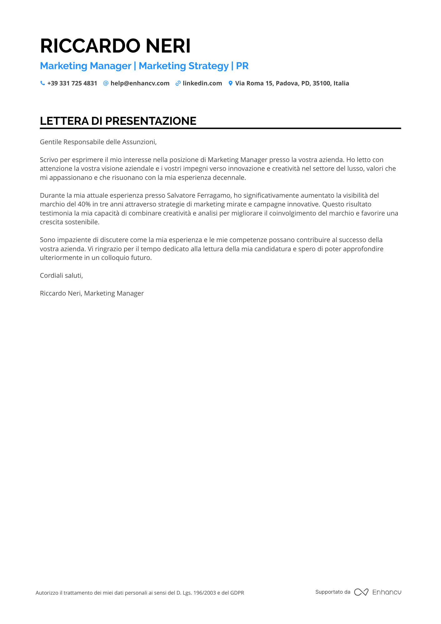 Marketing Prima Esperienza Resume Example
