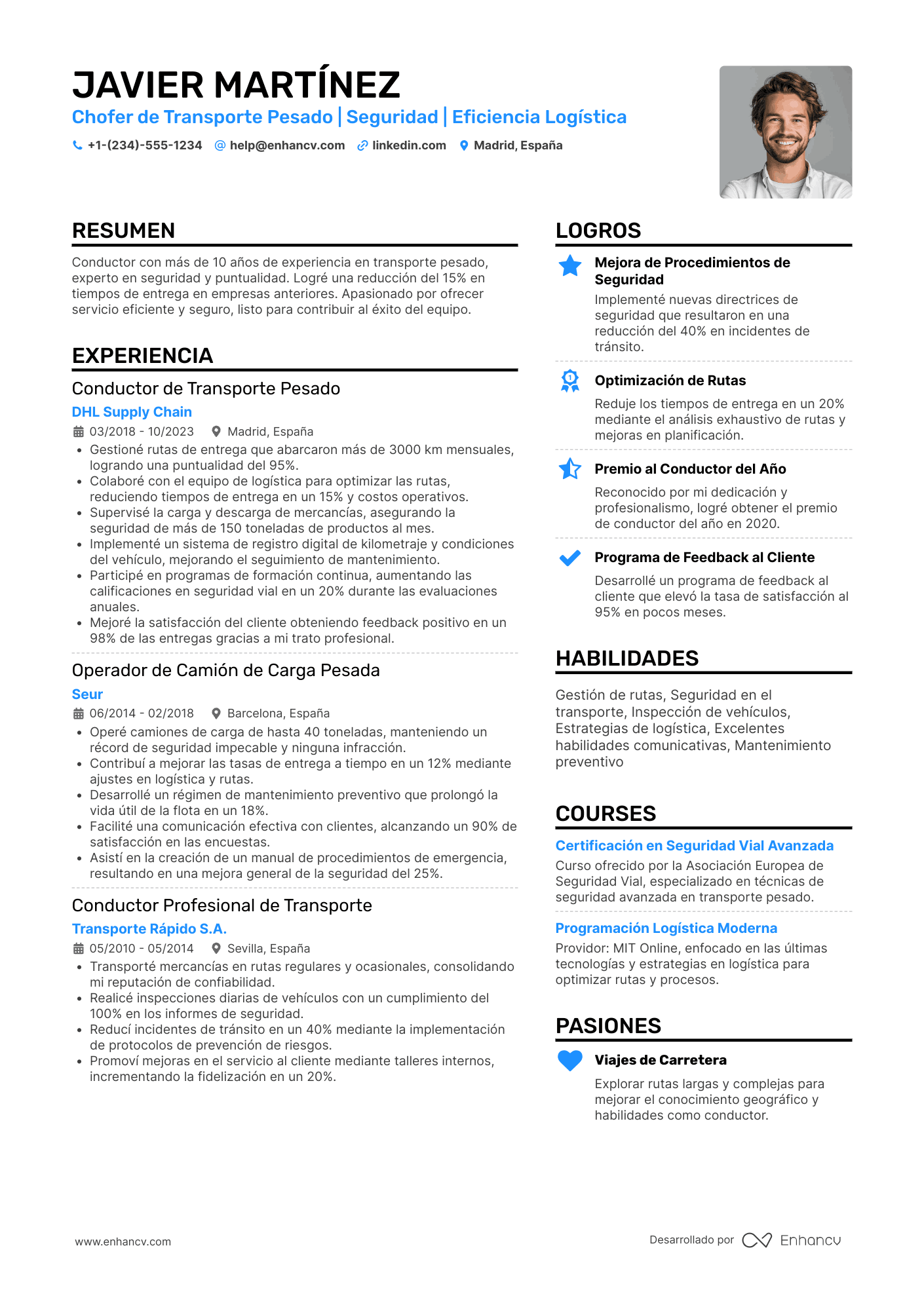 Ejemplo de CV de chofer de transporte pesado Resume Example