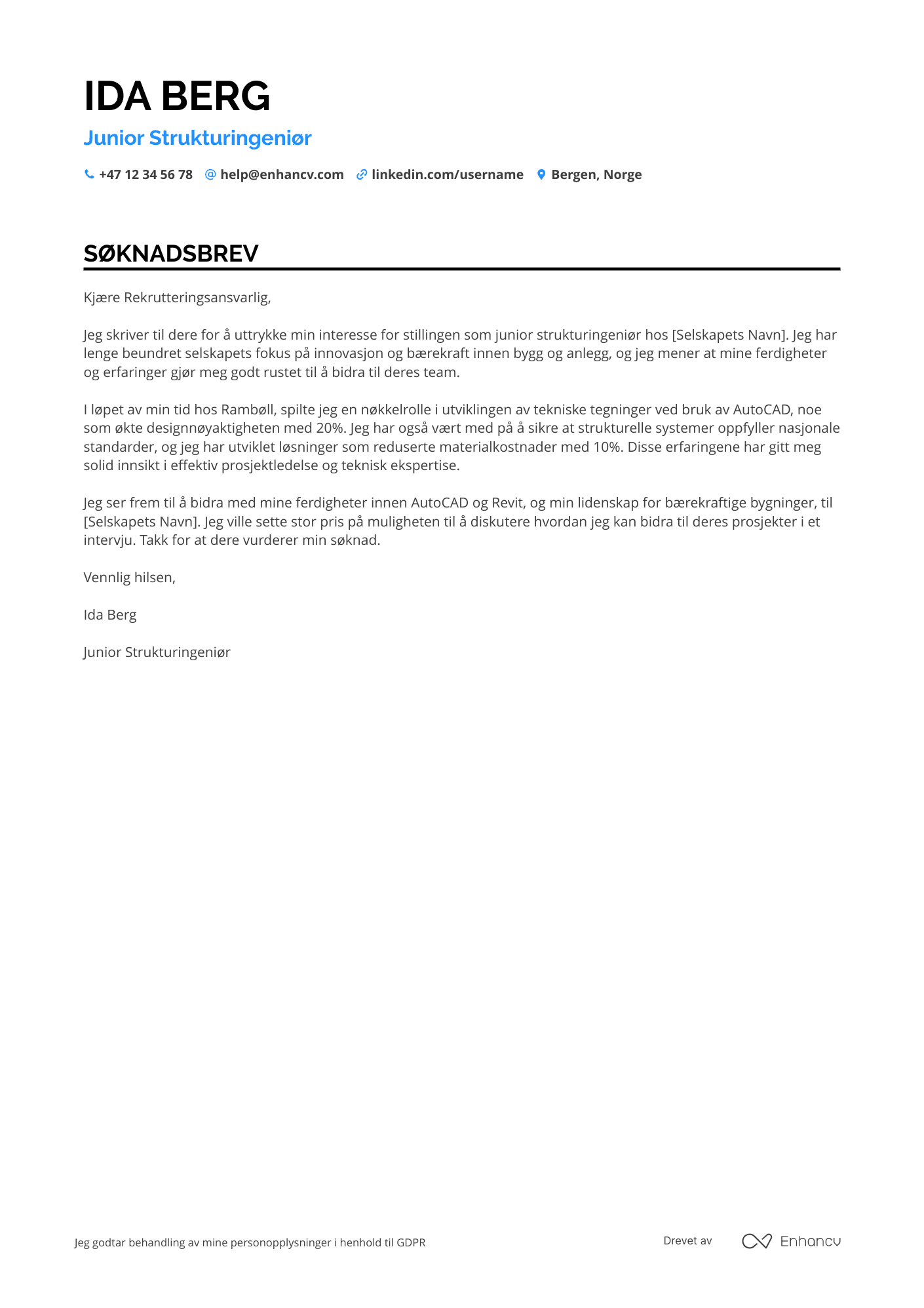 Søknadsbrev for Junior Strukturingeniør Resume Example