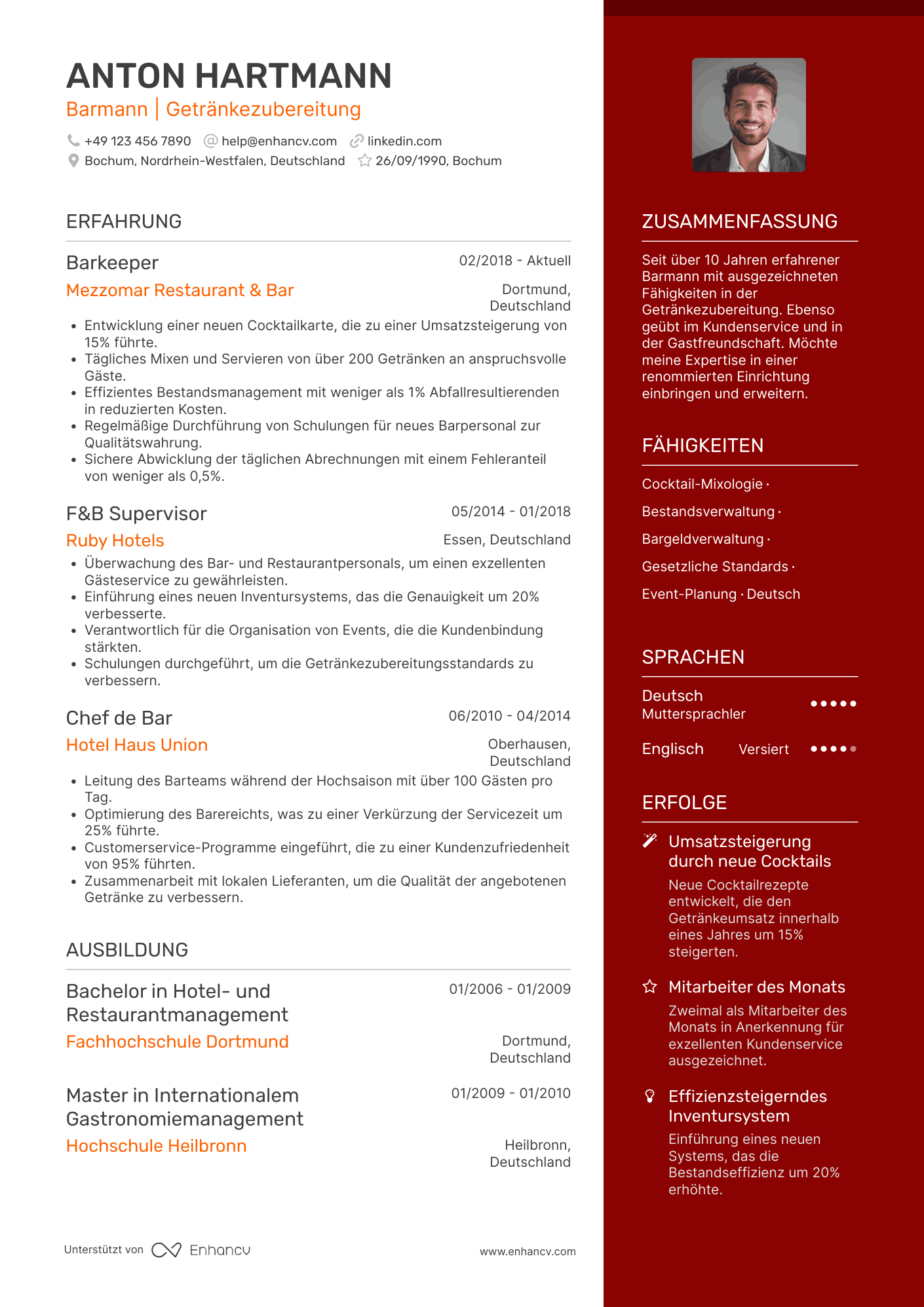 Lebenslauf in Barmann für Gastgewerbe Resume Example