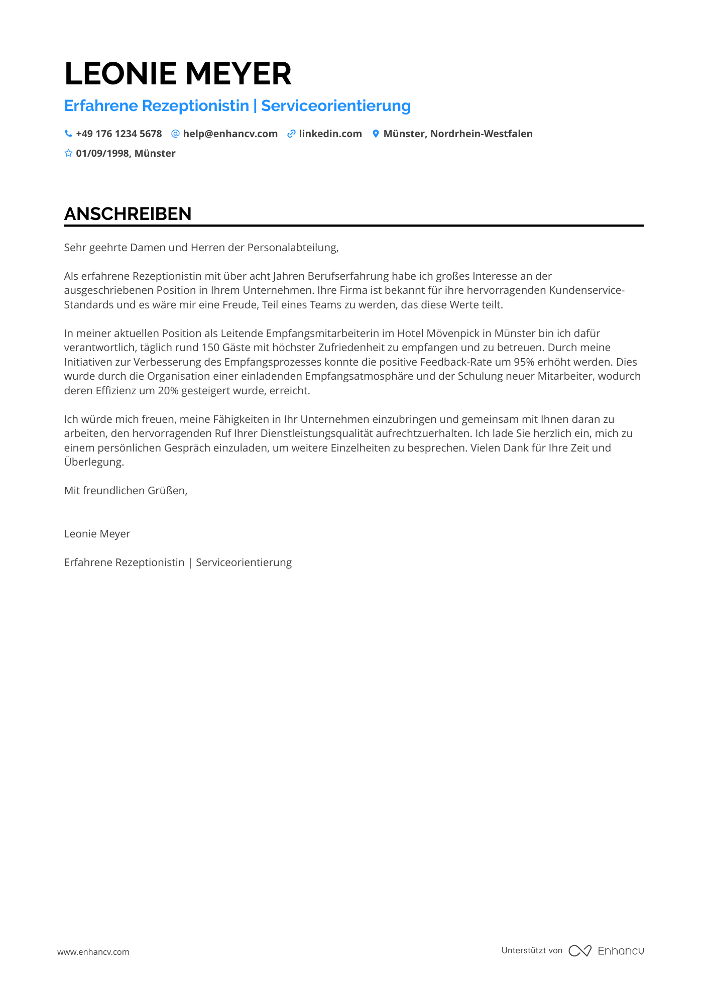Erfahrene Rezeptionistin Resume Example