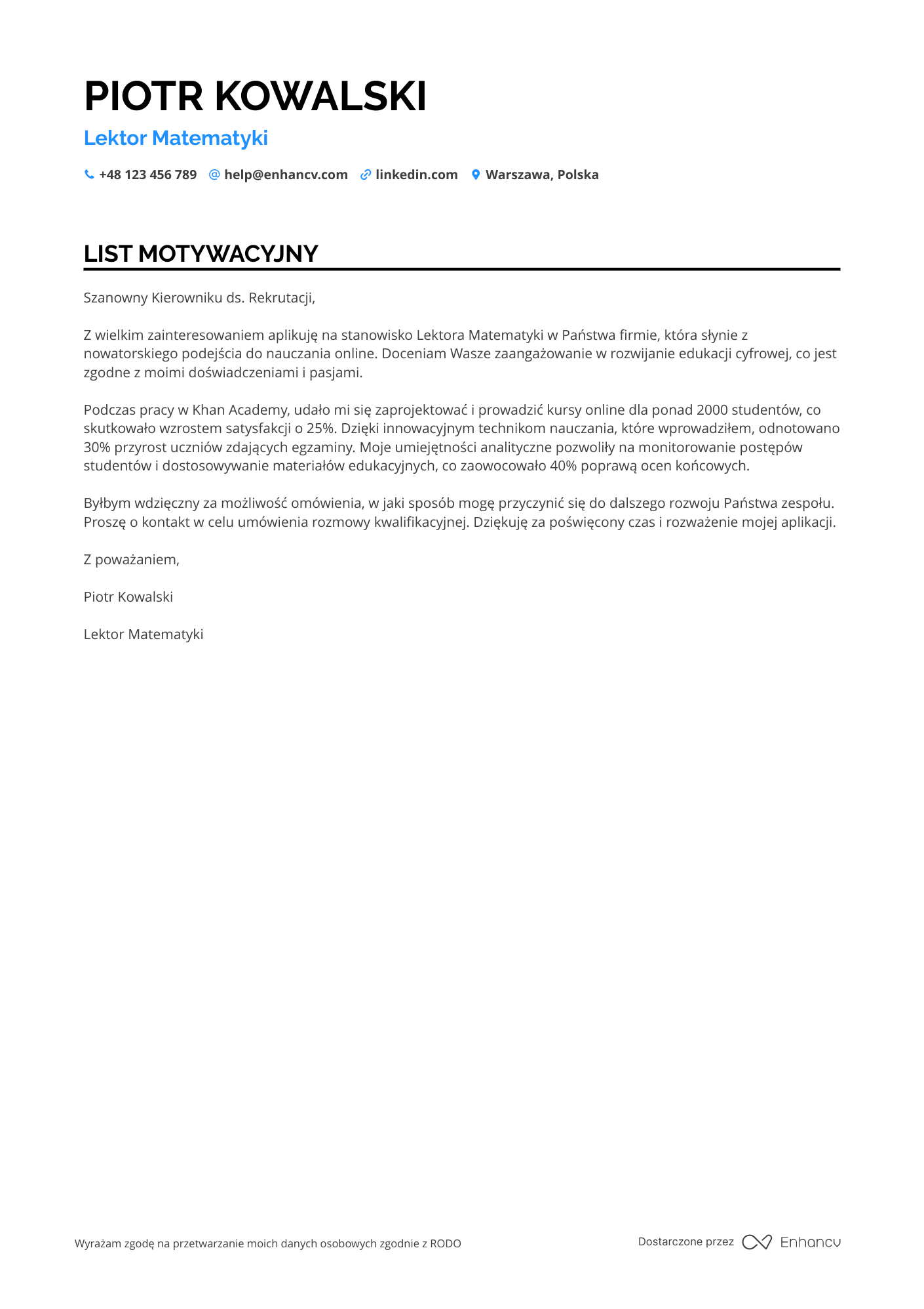 List motywacyjny dla Lektor Matematyki w Kursach Online Resume Example