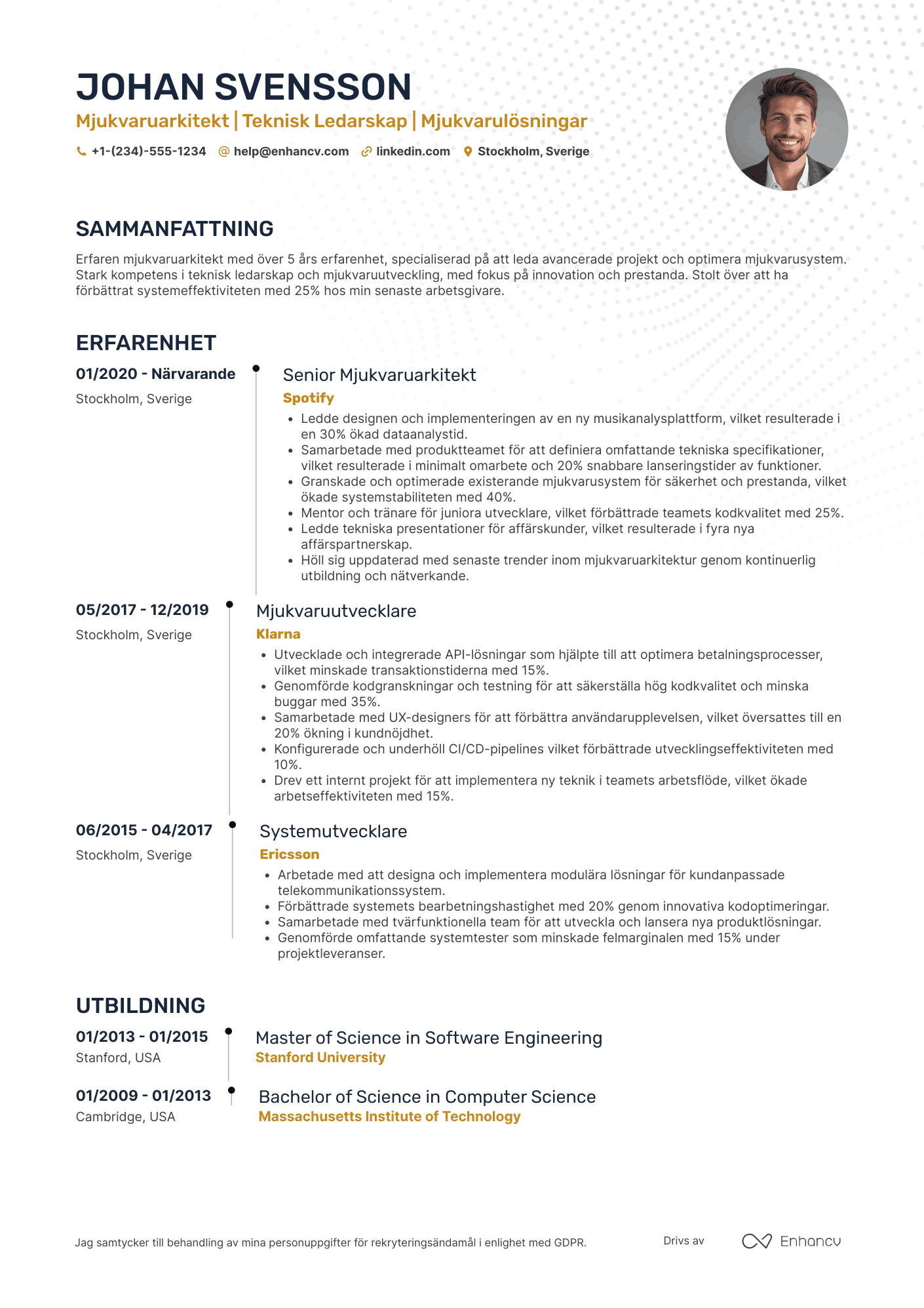 CV för Mjukvaruarkitekt Resume Example